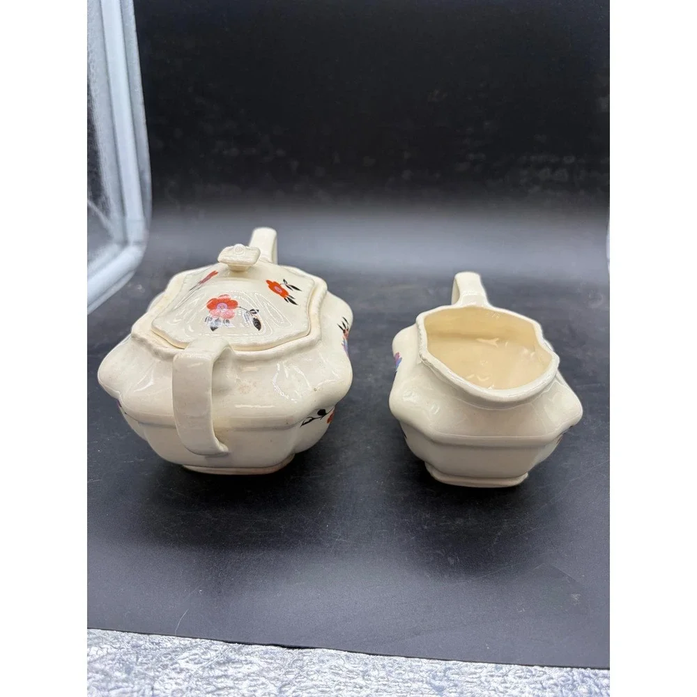Vintage Steubenville Ivory Floral Sugar Bowl and Creamer Set Multi Color Flower
